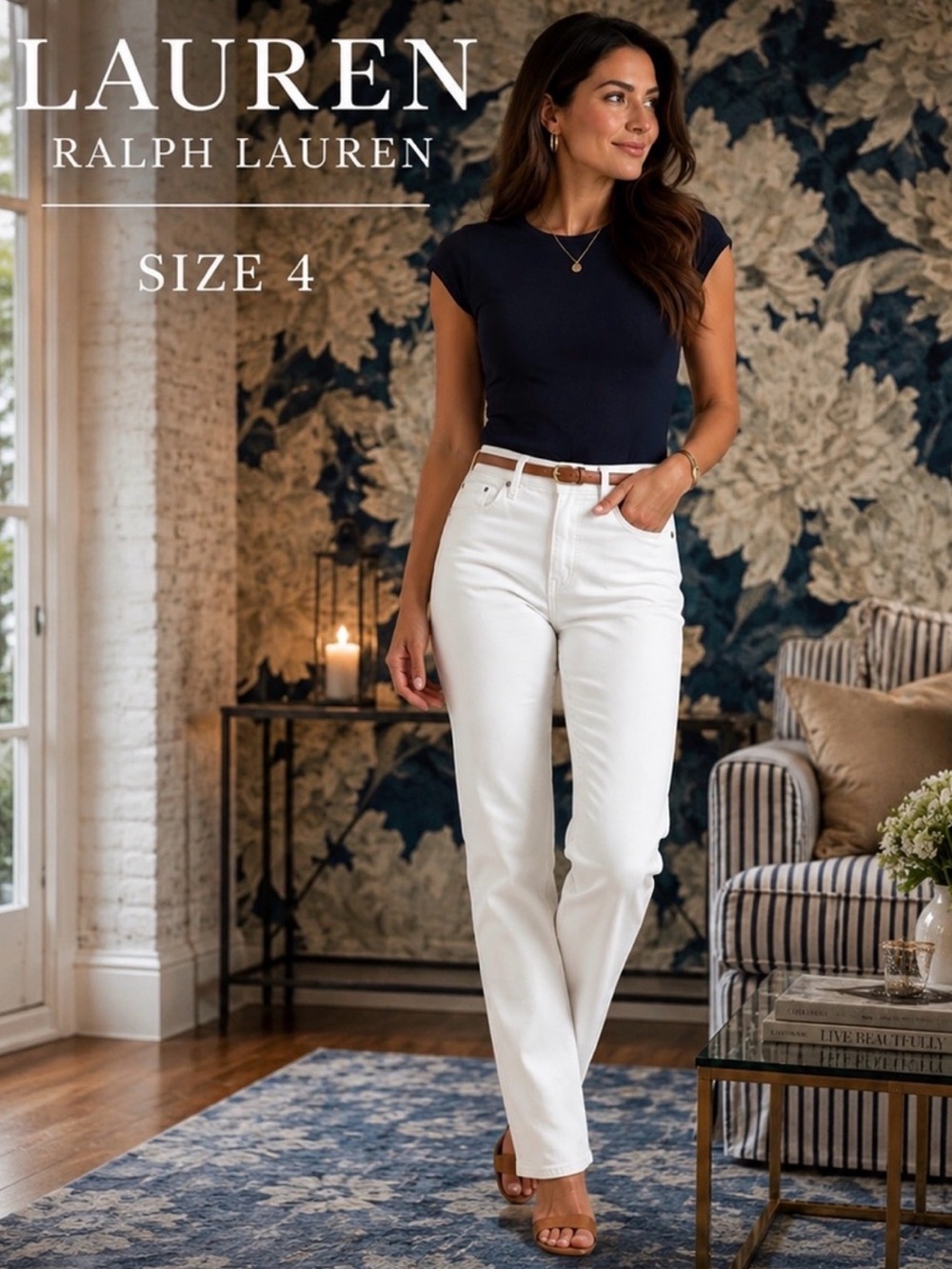 Lauren Ralph Lauren White Straight Leg Stretch Jeans Size 4 Classic Denim